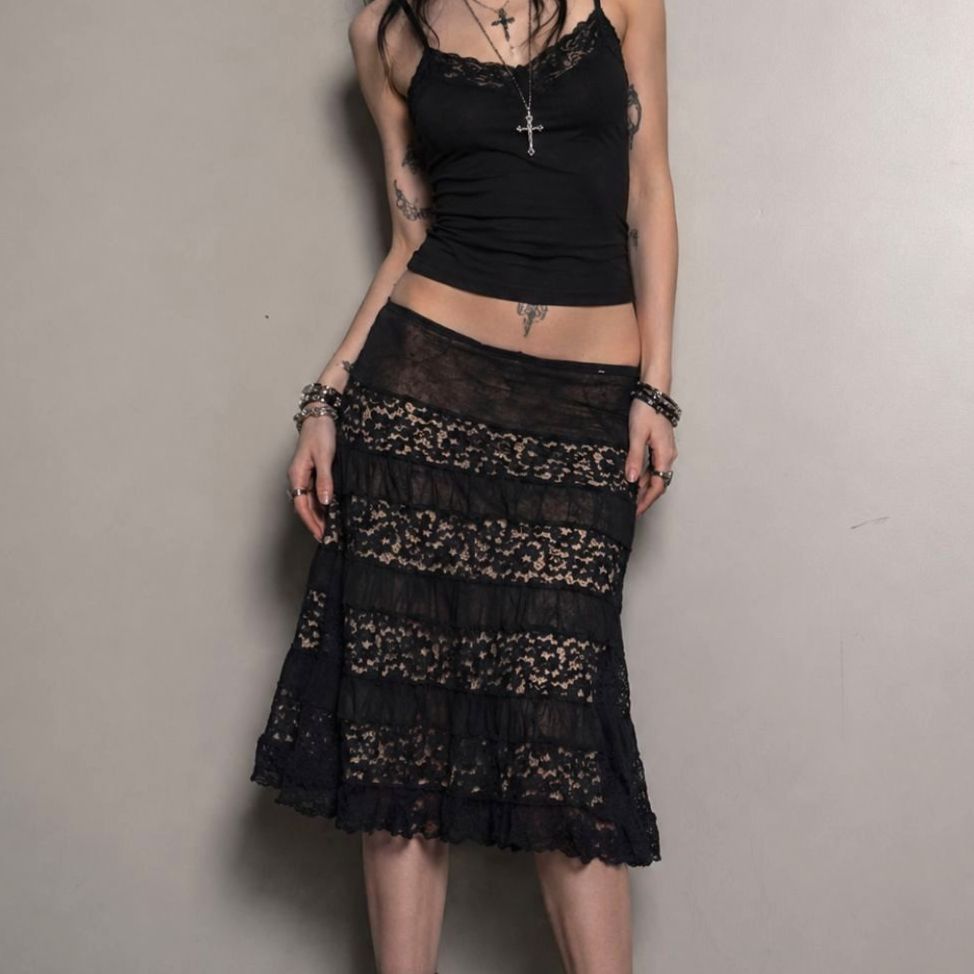 Charlotte Russe Maxi Skirt Women's M Black Lace Y2k Broomstick Whimsigoth Fairy